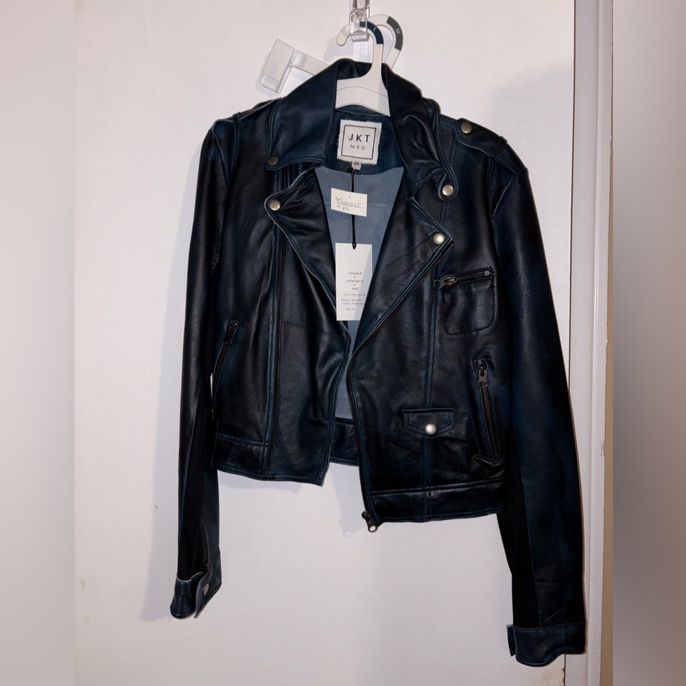 Blue black cropped leather jacket